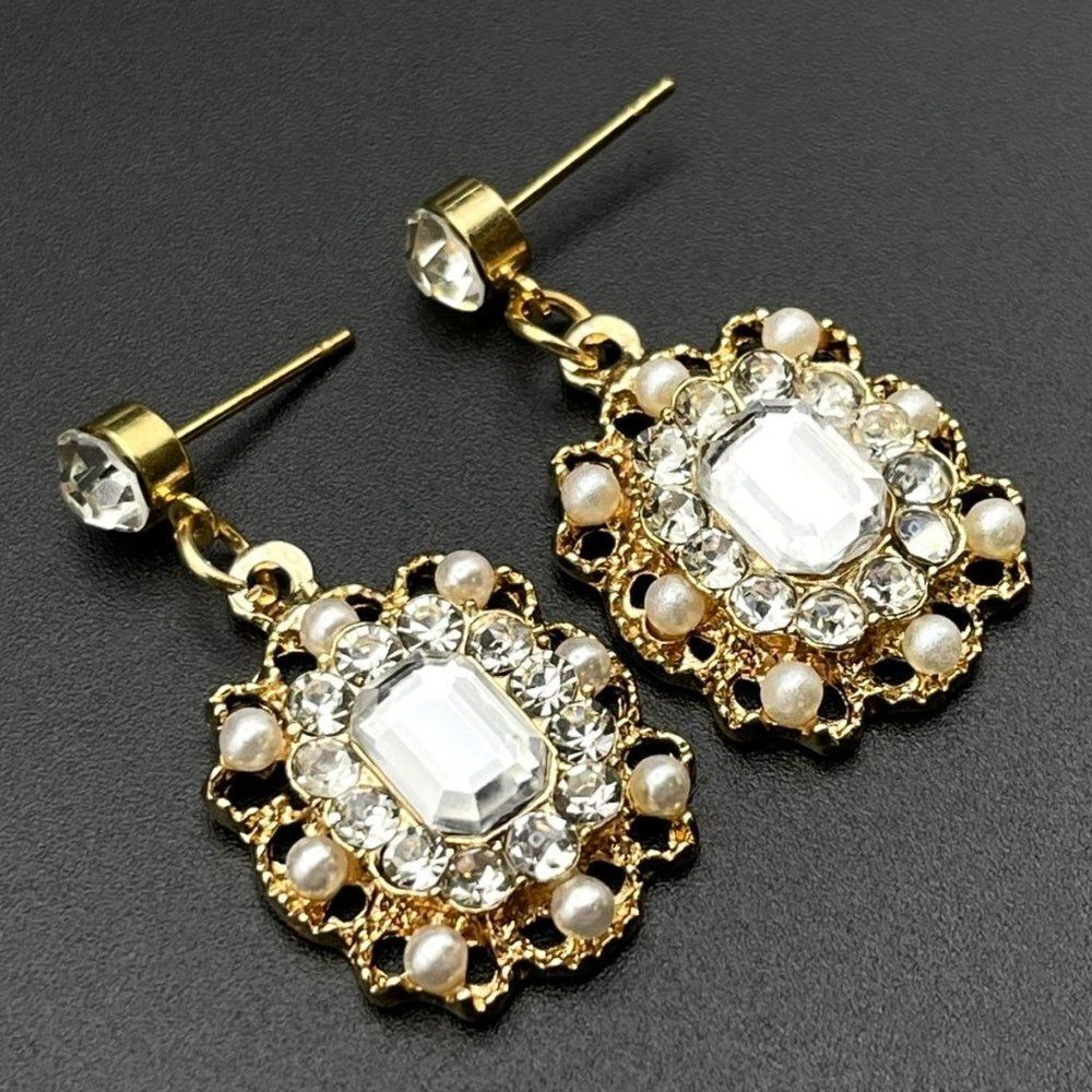 Yellow GoldΒ withβPearl and White Diamond Crystal Rectangular Post BackβEarrings